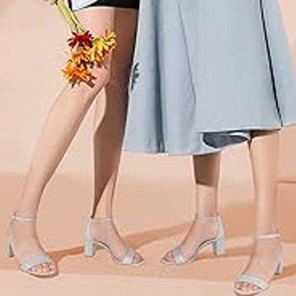 Pizz Annu Womens Size 7 Silver Glitter 2.5" Heel Open Toe Ankle Strap Shoes - Picture 5 of 7